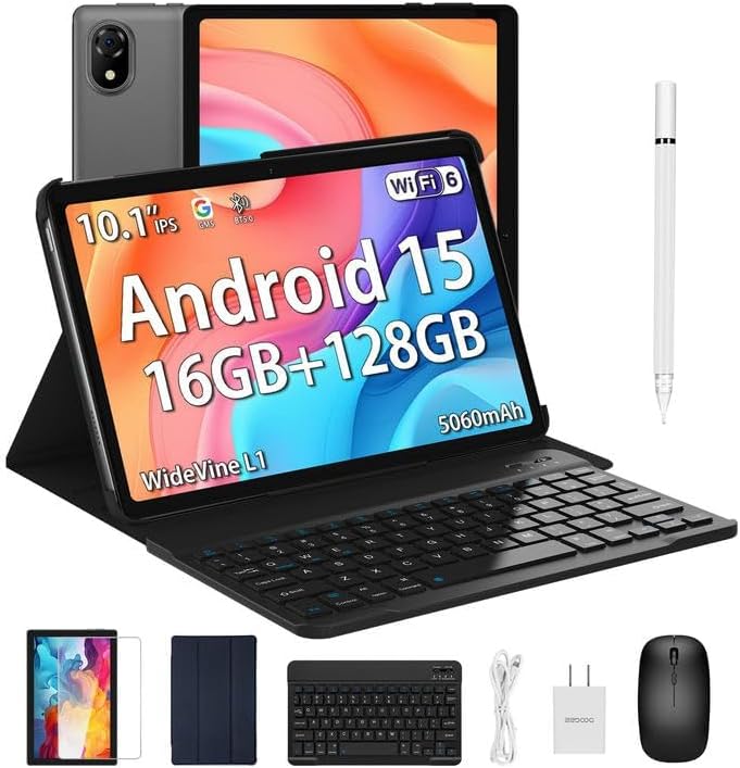 DOOGEE U10(2025) 10 inch Tablet with Keyboard, Android 15 Tablet 16GB+128GB/2TB Expand, 2.0GHz Quad Core Gaming Tablets,5060mAh,1280x800 IPS HD Touchscreen,WiFi 6,Dual Camera,BT5.0,Widevine L1,Gray