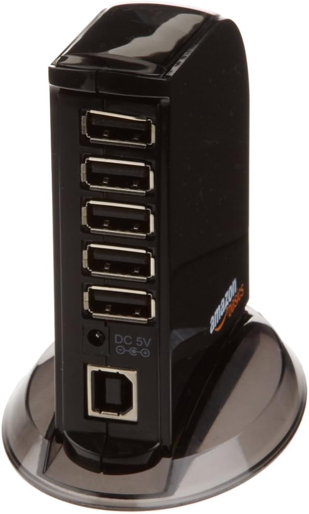 Amazon Basics 7 Port USB 2.0 Hub Tower with 5V/4A Power Adapter, Black