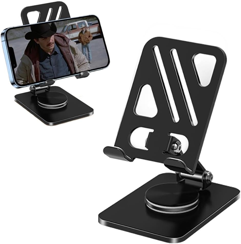 Adjustable Phone Stand with 360 Rotating Base Portable Foldable Carbon Steel Material Desktop Cellphone Stand Fits All Smart Phones-Black