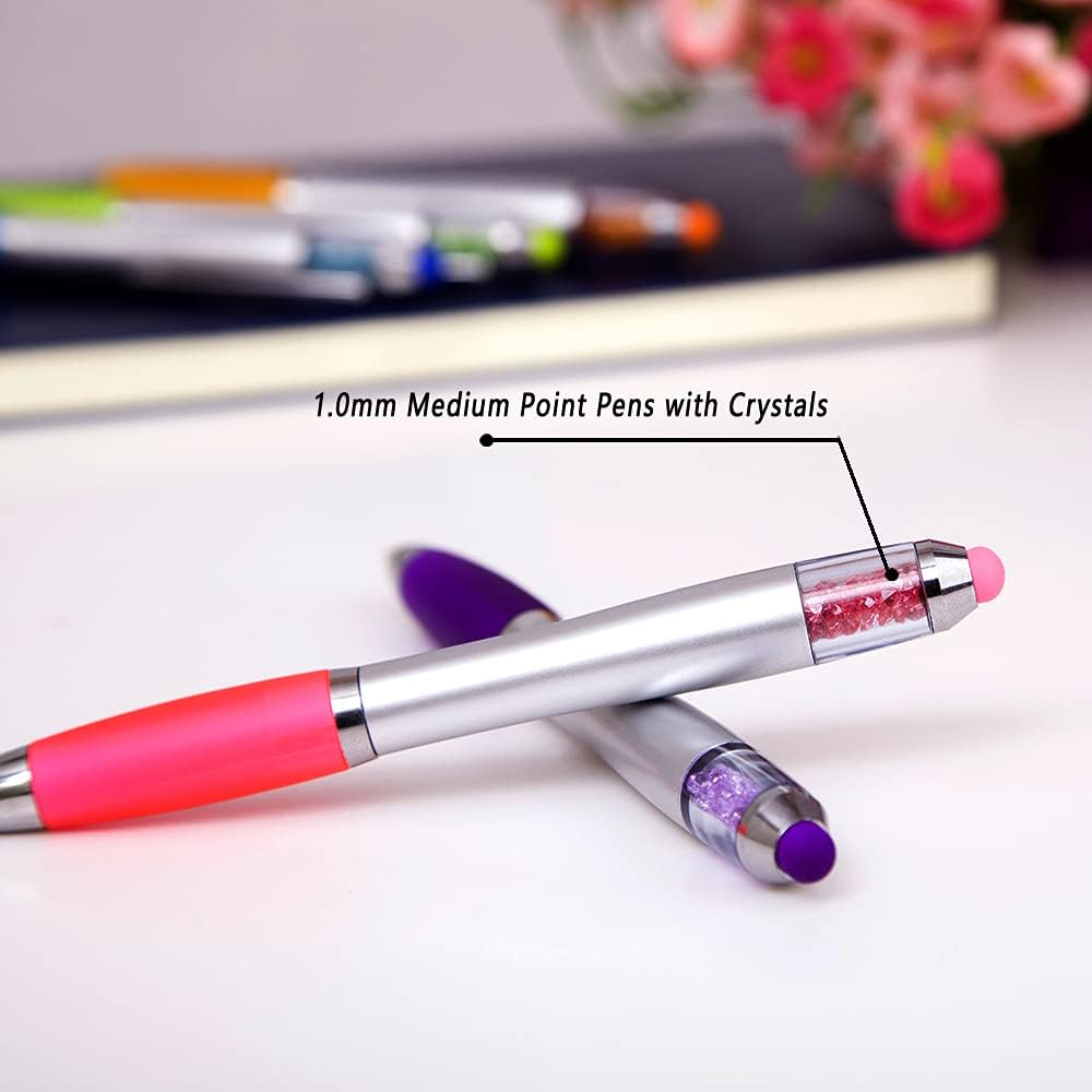 Stylus Pens 2-in-1 Ballpoint Pen 1.0mm Medium Point Pens with Crystals for Women Black Ink Pen with Stylus Ball Point Pen with Comfort Grip for The iPad, 5-Count