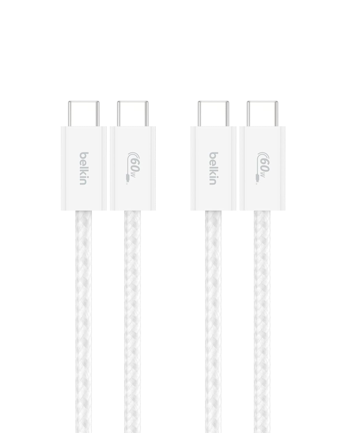 Belkin USB C to USB C Cable 2-Pack, 3.3ft, 60W - Type C Charger, iPhone Charger Cord, Soft, Braided, Flexible for iPhone 16, Galaxy S25, Pixel 9, Airpods, iPad Pro & More, Travel Essentials - White