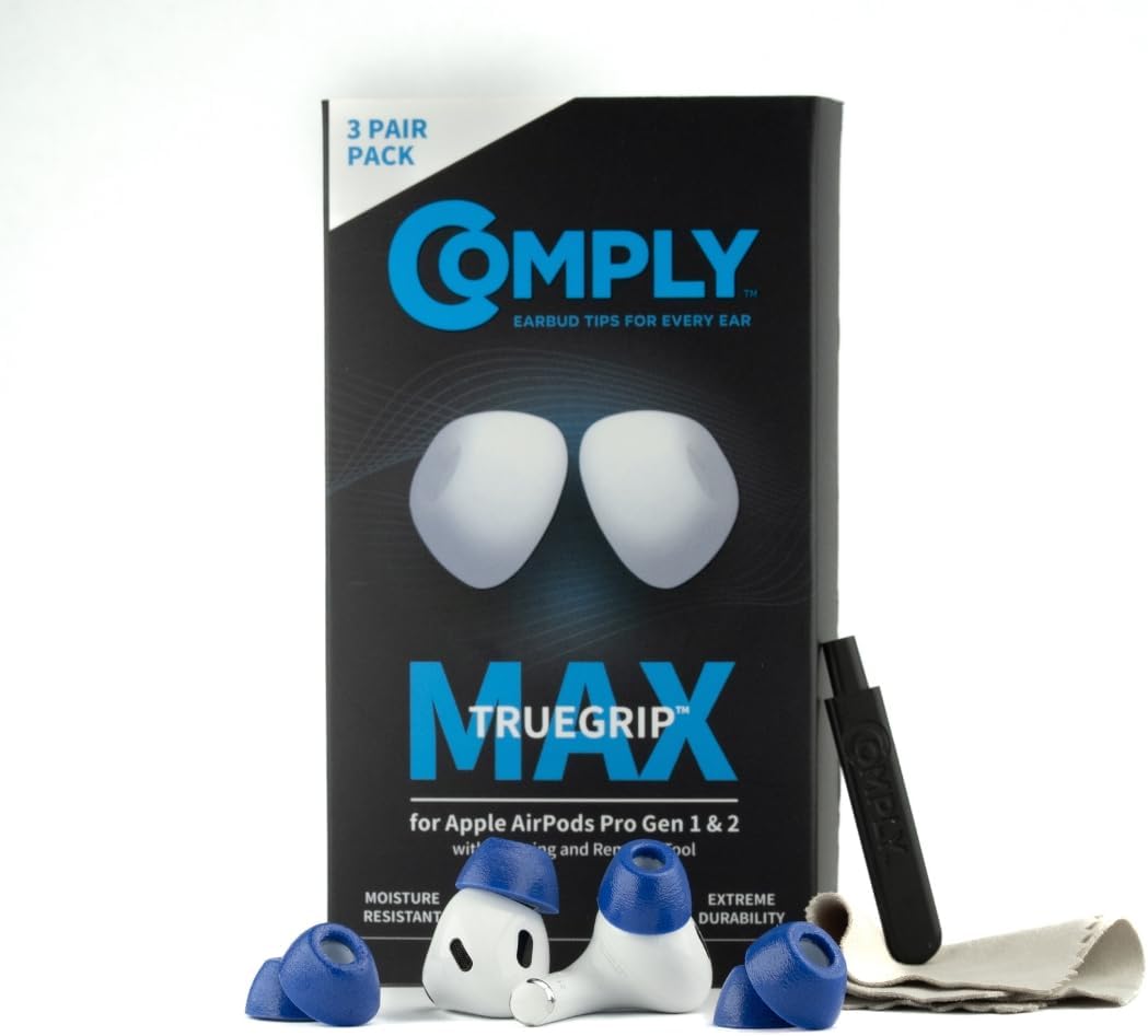 Comply TrueGrip MAX | Premium Memory Foam Replacement Earbud Tips for Apple AirPods Pro 1 & 2 | Long Lasting Comfort, MAX Durability, Secure Fit, Superior Noise Isolation| Blue (Medium) (3 Pairs)