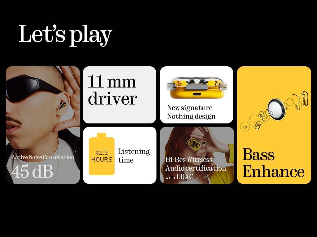 Nothing Ear (a) Wireless Earbuds, 45dB Hybrid Noise Cancelling Earbuds, Hi-Res Audio, Advanced Equaliser, Dual Connect, 6 Mics, 42.5H Playtime Ear Buds Wireless Bluetooth, Yellow