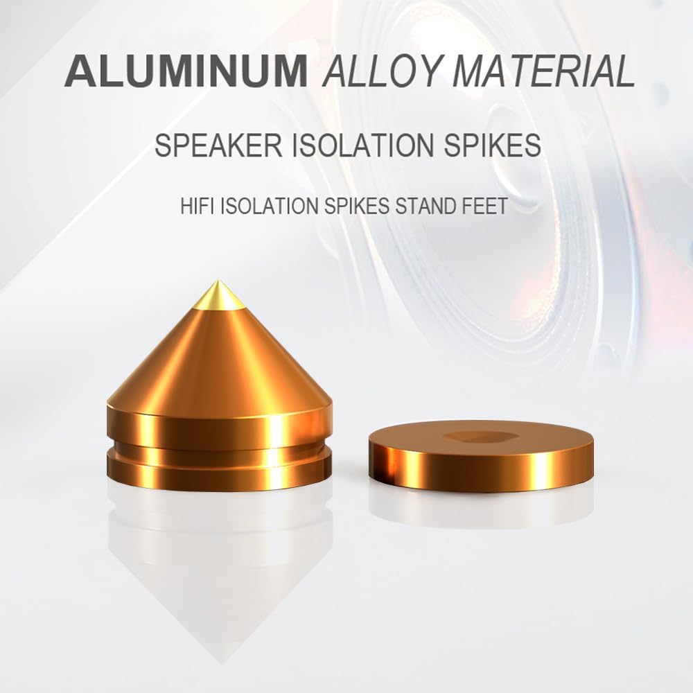 4Pcs Speaker Spikes Floor Protectors Shockproof Speaker Isolation Spikes with Base Pad for Speaker,Subwoofer,Amplifier,Turntable,Recorder CD DAC with 3m Adhesive (Gold)