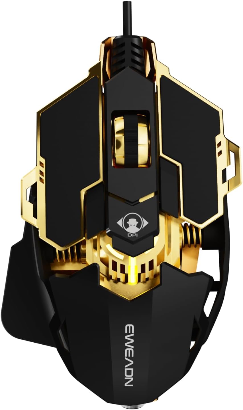 EWEADN G5 Wired Gaming Mouse, Ergonomic RGB Computer Mouse, 12800 Adjustable DPI, 9 Programmable Macro Buttons with Rapid Fire Key Compatible for PC/Laptop/Windows- Black&Gold