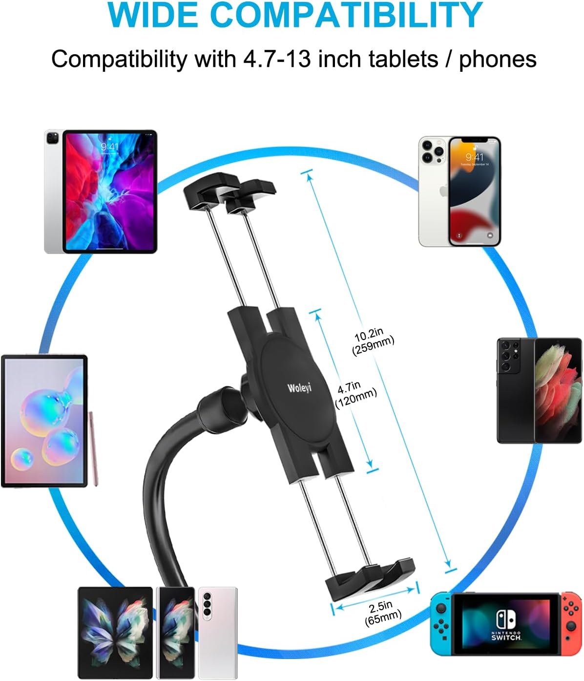 woleyi Gooseneck Tablet Holder for Spin Bike, Peloton Tablet Mount Exercise Bike Handlebar Stand for Stationary Bicycle, Treadmill, Stroller, Elliptical for iPad Pro Air Mini, Galaxy, 4.7-13" Devices