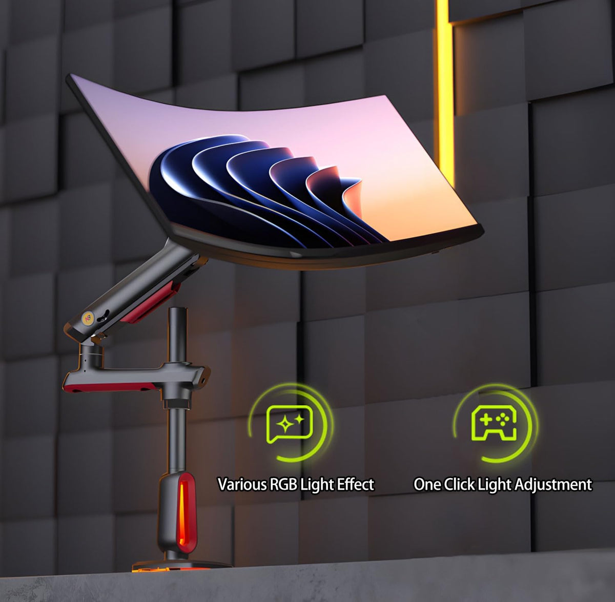 RGB Gaming Monitor-Arm for Flat/Ultrawide/Curved Monitors 32 to 60 inch, Heavy Duty Stand Load up to 20 kg, VESA 75/100 mm Monitor-Mount L70