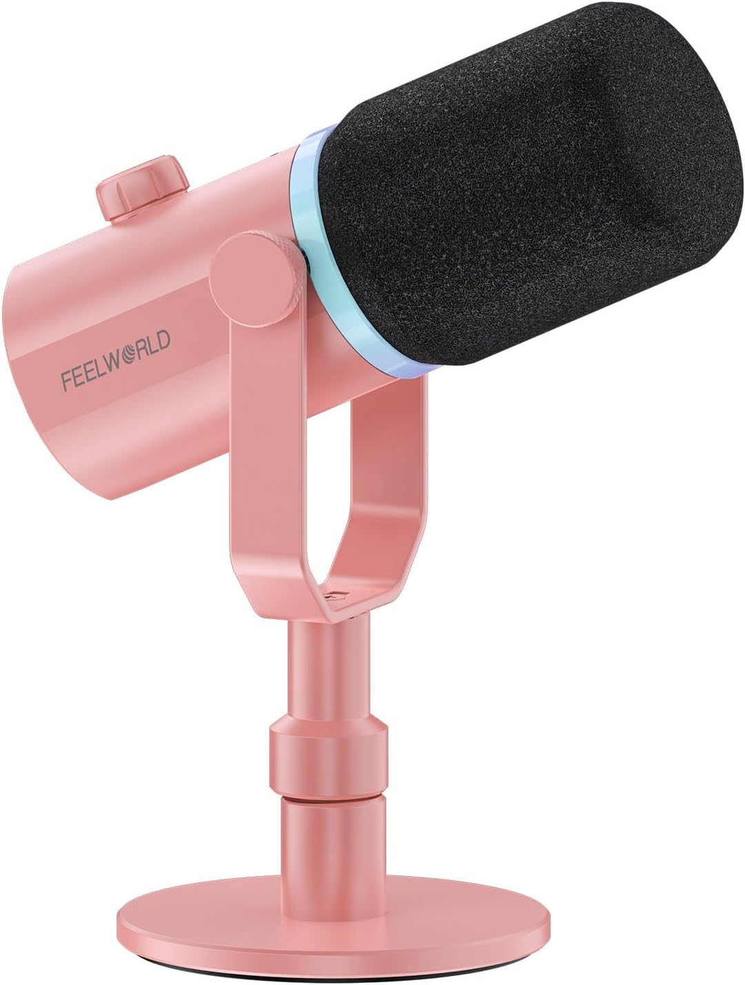 FEELWORLD PM1 XLR USB Dynamic Microphone with Desktop Stand Gifts for Podcast Recording PC Computer Gaming Streaming Vocal Voice-Over, Studio Metal Mic, RGB Light, Mute Button, Headphones Jack (Pink)