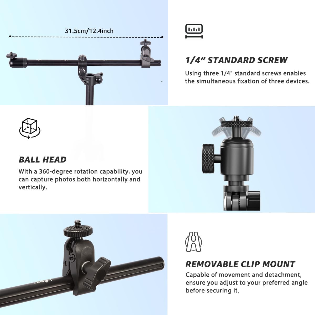 Phone Tripod, Arsoer 67" Adjustable Height Tripod with Horizontal Column and Removable Clip Mount for Overhead Shot, 360° Rotation Stand with Wireless Remote/Carry Bag for iPhone/Webcam