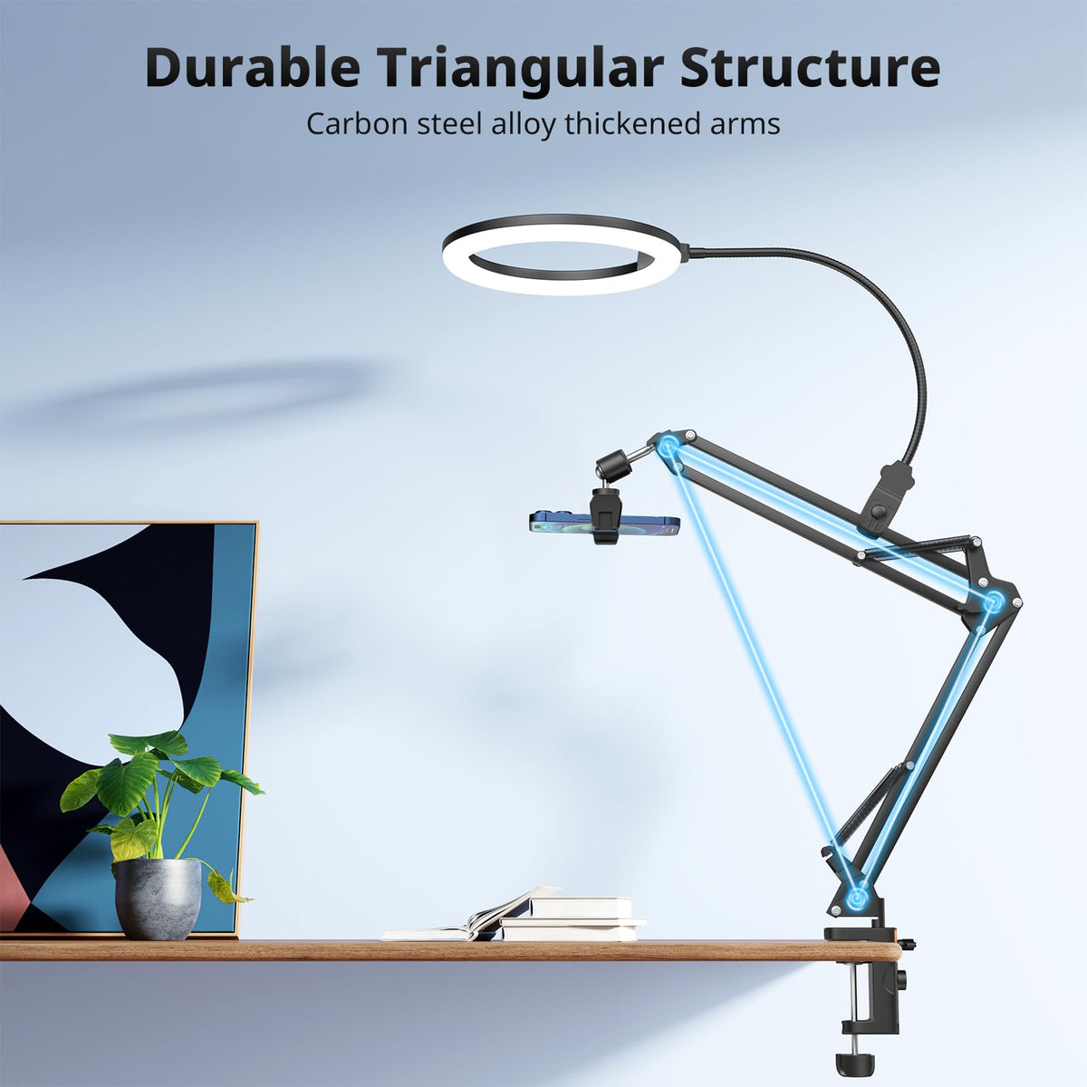 UBeesize 10" Ring Light with Overhead Phone Mount, LED Selfie Light with Stand and Phone Holder, Desk Light for iPhone, Desk Tripod for Video