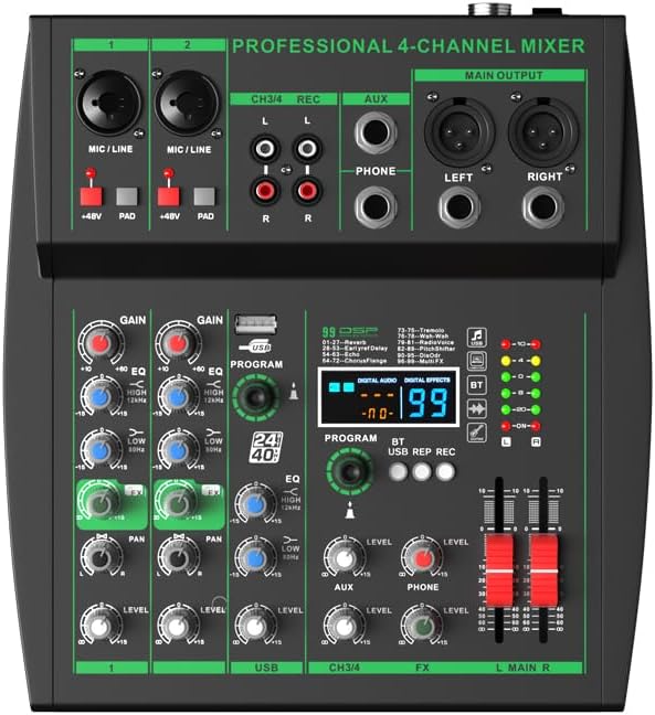 mw-4 black 4Channel Audio Mixer with 99 Sound Effects for PC,Portable Sound Mixing Console with BT USB Recording Input for Live Streaming,Podcasting