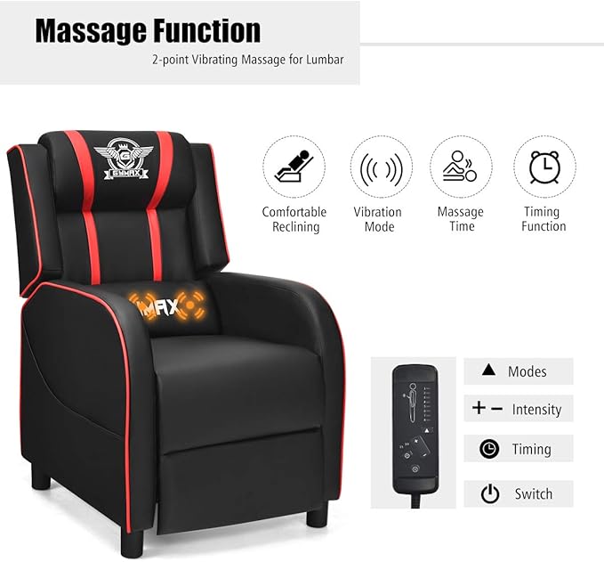 POWERSTONE Gaming Recliner Chair Reclining Gaming Chairs for Adults Ergonomic Leather Sofa with Footrest Lumbar Support Headrest and Side Pouch for Living Room Home Theater Red