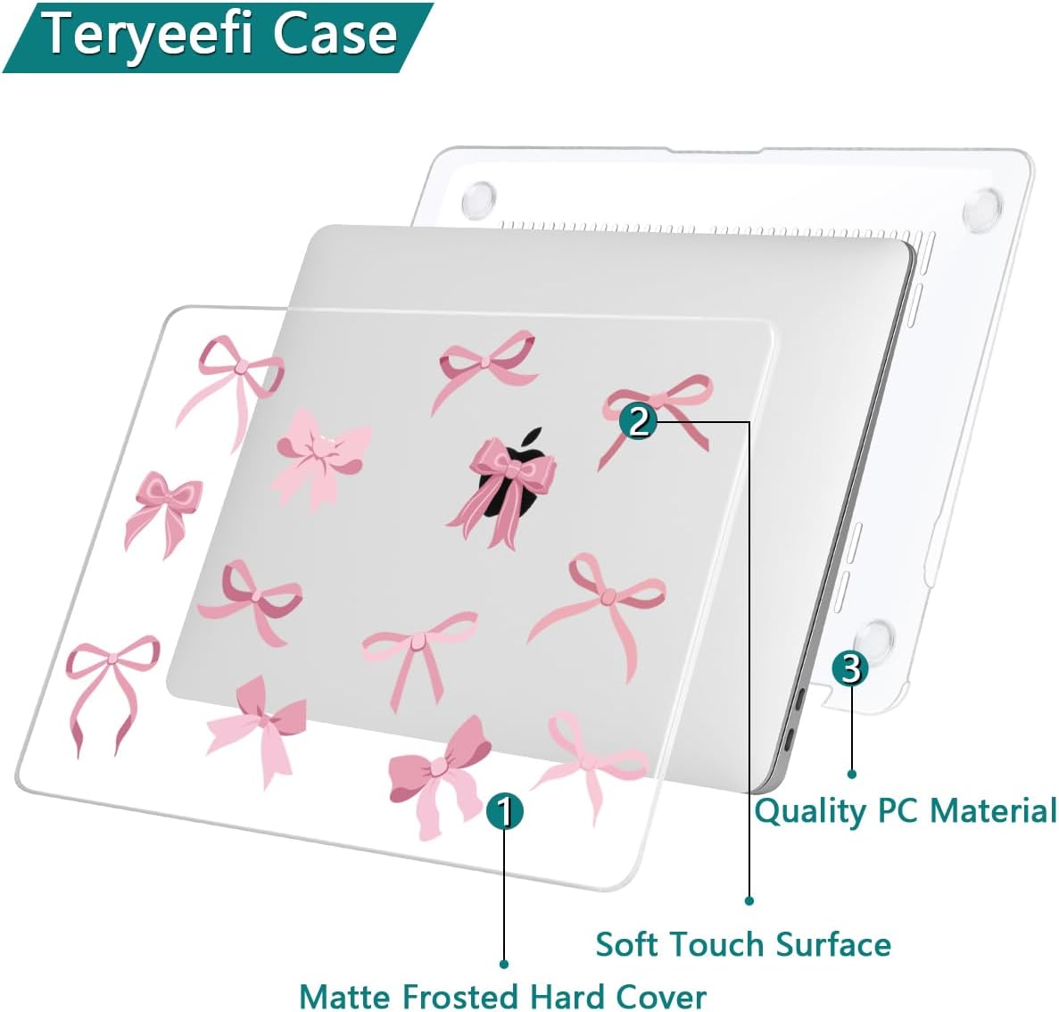 Teryeefi Case for MacBook Air 13 inch M1 A2337 A2179 A1932 2018 2021 2020 2019 2018 Release, Plastic Hard Shell Case & Keyboard Cover & Screen Protector, Cute Pink Bows