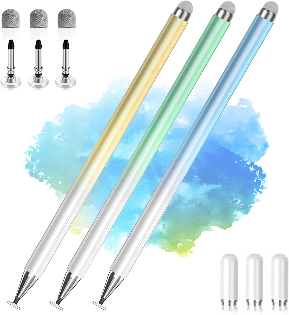 Stylus Pens for Touch Screens, 2 in 1 High Precision Universal Stylus Pen for iPad Compatible with Apple, iPhone, iPad, Android, Samsung Tablets, Phones, 3 Pack-Blue, Green, Yellow