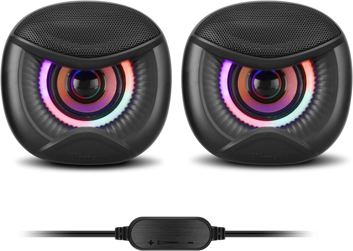 USB Powered Computer Speakers with RGB Colorful Lighting 2.0 Stereo Sound System, Headphone Jack, Plug and Play, Works with PC/Laptop (USB-C Adapter Included)