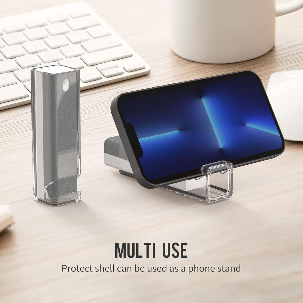CLICK CLEAN Screen Cleaner, Fingerprint Proof Screen Cleaner Spray, All-in-One Cleaner with Microfiber, Shell and Phone Stand for All Phones, Laptop and Tablet Screens (Grey)