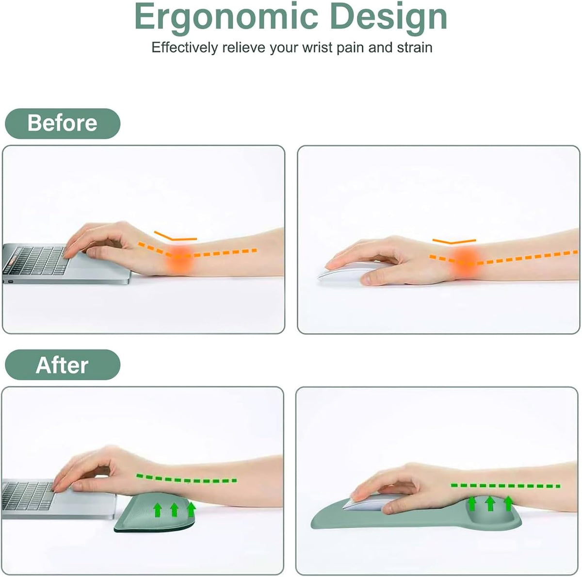 MOSISO Wrist Rest Support for Mouse Pad & Keyboard Set, Ergonomic Mousepad Non-Slip Base Home/Office Pain Relief & Easy Typing Cushion with Neoprene Cloth & Raised Memory Foam, Emerald Green