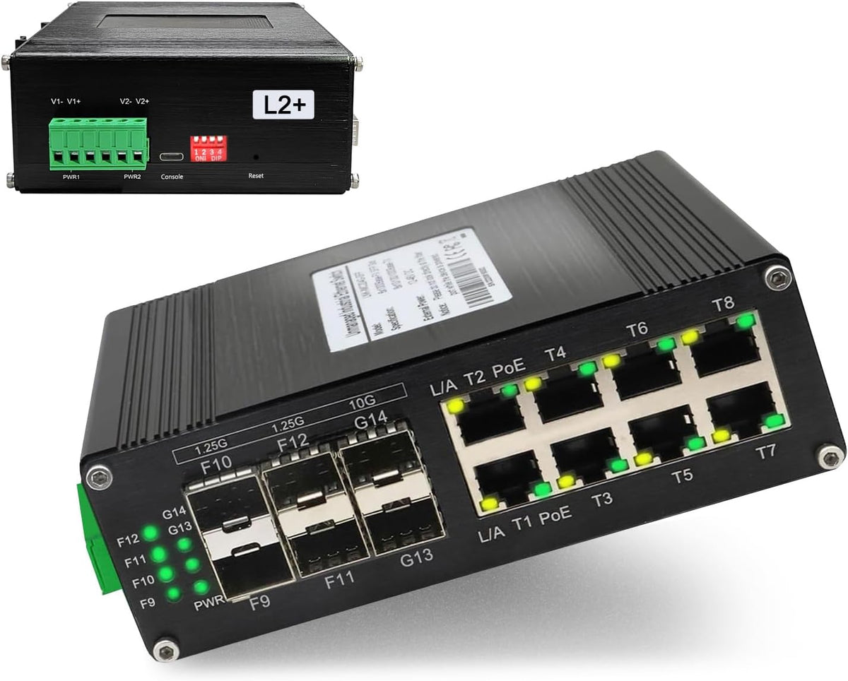 Industrial Managed 10G Ethernet PoE Switch, 2*10G SFP + Slot+4*Gigabit SFP Slot +8*RJ45 Port, PoE Networking Switch Supporting Din-Rail, 48~57VDC Power Input