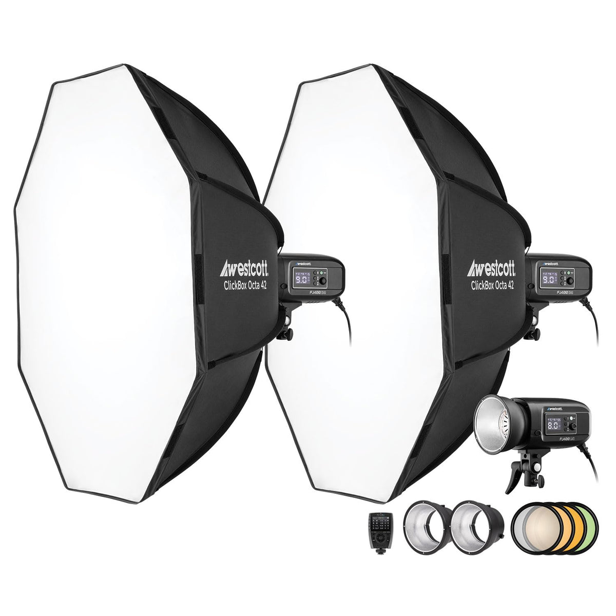 Westcott FJ400-SE 400Ws AC Studio Strobe 3 Light Kit with Universal Trigger and 2 Octa Softboxes - Fast Recycle, 5500K Color, LE