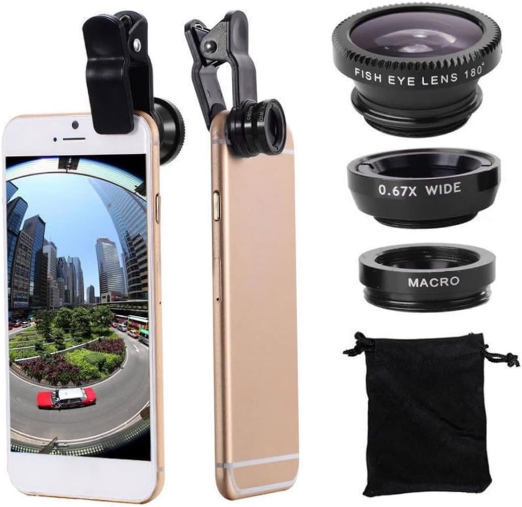 Phone Fisheye Lens 3in1 Wide Angle Fish Eye Macro Lenses Clip-on Universal Lens Black Lens Attachments