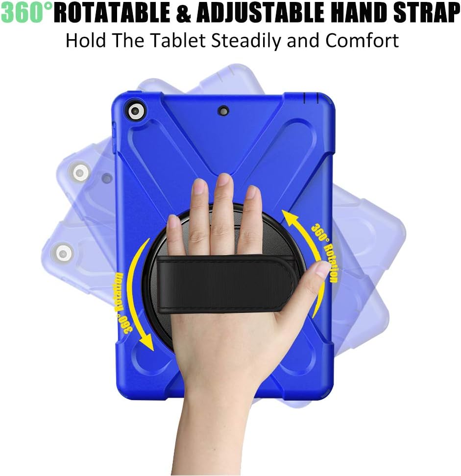 ZenRich Shockproof Case for iPad 9th/8th/7th Generation 10.2 inch 2021/2020/2019, Heavy Duty Rugged Case with Pencil Holder/360° Rotating Kickstand/Handle/Carrying Strap, Blue