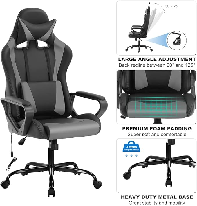 Dkeli PC Gaming Chair Office Chair Racing Desk Chair with Lumbar Support Arms Headrest Massage High Back PU Leather Ergonomic Computer Chair Rolling Adjustable Swivel Chair for Women Men Adult Grey