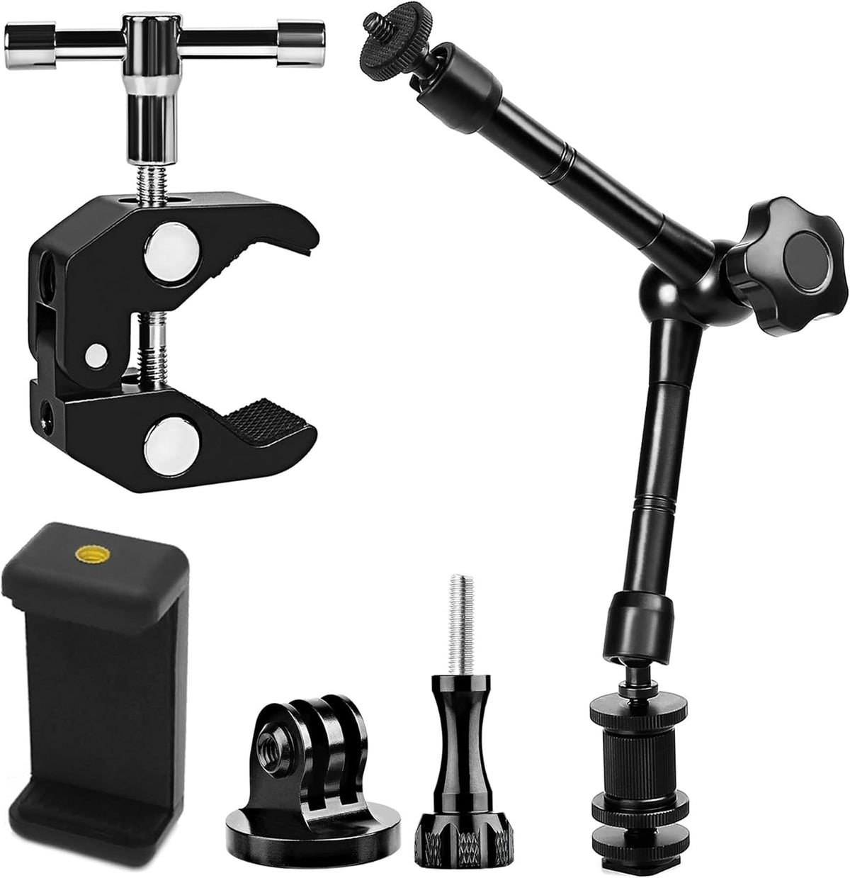 Magic arm Camera Mount ，articulating arm- 11 Inch Metal Adjustable Friction Articulated arm with Super Clamp/Phone Clip, for Various Action Camera/DSLR/LCD Monitor/LED Lights/Cell Phone