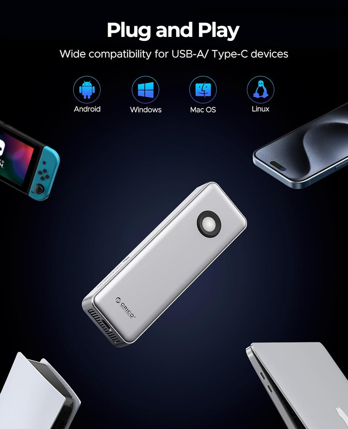 ORICO 1TB Portable SSD for 3700MB/s, RGB External Solid State Drive with 40Gbps 2 in 1 USB C Cable, Built-in Cooling Fan, Compatible with Thunderbolt 4/3, USB 4.0, PSSD - R3700