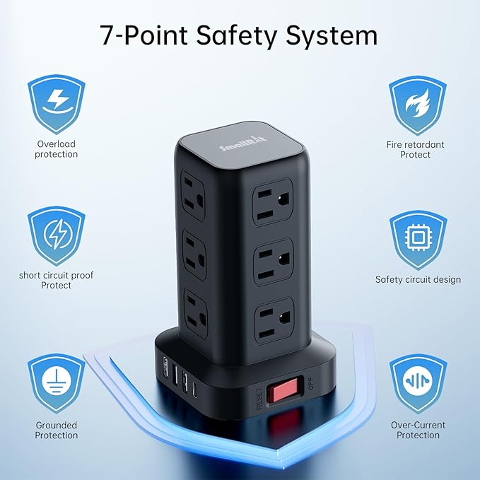 Extension Cord with Multiple Outlets, SMALLRT Power Strip Tower with USB Ports 12 AC Outlets, PD 20W USB C, 15FT Outlet Extender for Home Dorm, Office Supplies, Overload Protection
