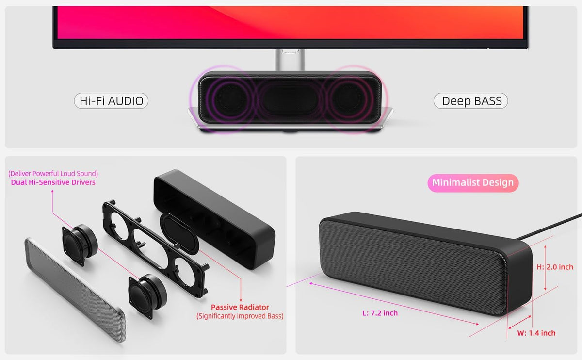 Computer Speakers for Desktop PC, External Speakers for Laptop, Mini Computer Soundbar for PC, Wired USB Plug in Speakers with Loud Sound, Deep Bass, Wide Compatibility – Bult-in USB C to USB Adapter
