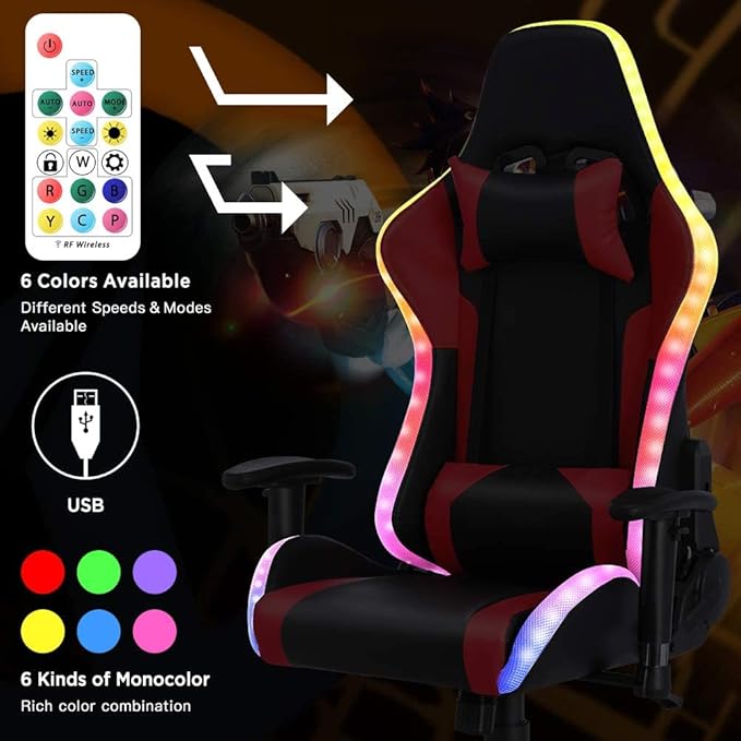 Massage Video Gaming Recliner - Gaming Chair with RGB LED Lights - Ergonomic Office Computer Desk Chair with Foot rest - High Back PU Leather - Adjustable Reclining Office Swivel ChairPink