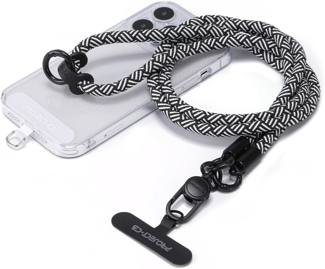 project-cb Phone Lanyard×1,Phone Tether Tab×2,Cell Phone Lanyards for Around The Neck,Rope Lanyard,Universal Adjustable Phone Strap Crossbody,Cell Phone Chain(White-Black)