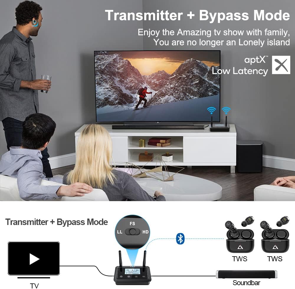 1Mii B03+ Bluetooth Transmitter Receiver for TV Home Stereo, Long Range Bluetooth 5.3 Adapter for TV Audio with Screen, aptX Low Latency & HD & AD, Optical RCA AUX 3.5mm Inputs/Outputs