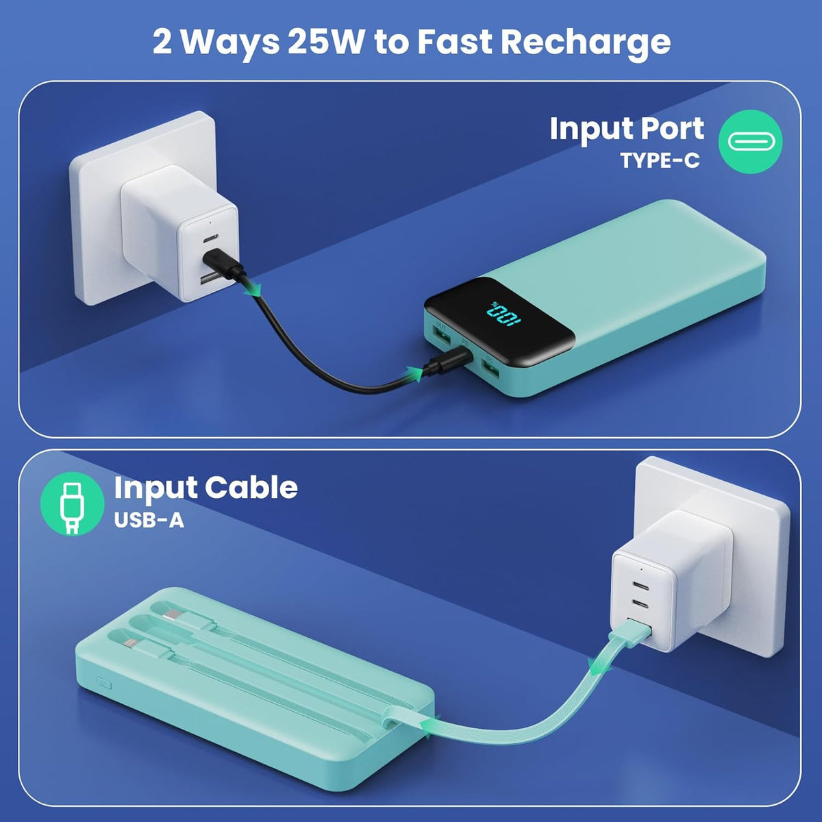 Portable Charger 40800mAh Power Bank with 3 Built-in Cables,PD 25W USB C in&Out Power Bank Fast Phone Charging,QC4.0 5 Output LED Display Battery Pack Compatible with iPhone 16/15,Galaxy,Android-Green