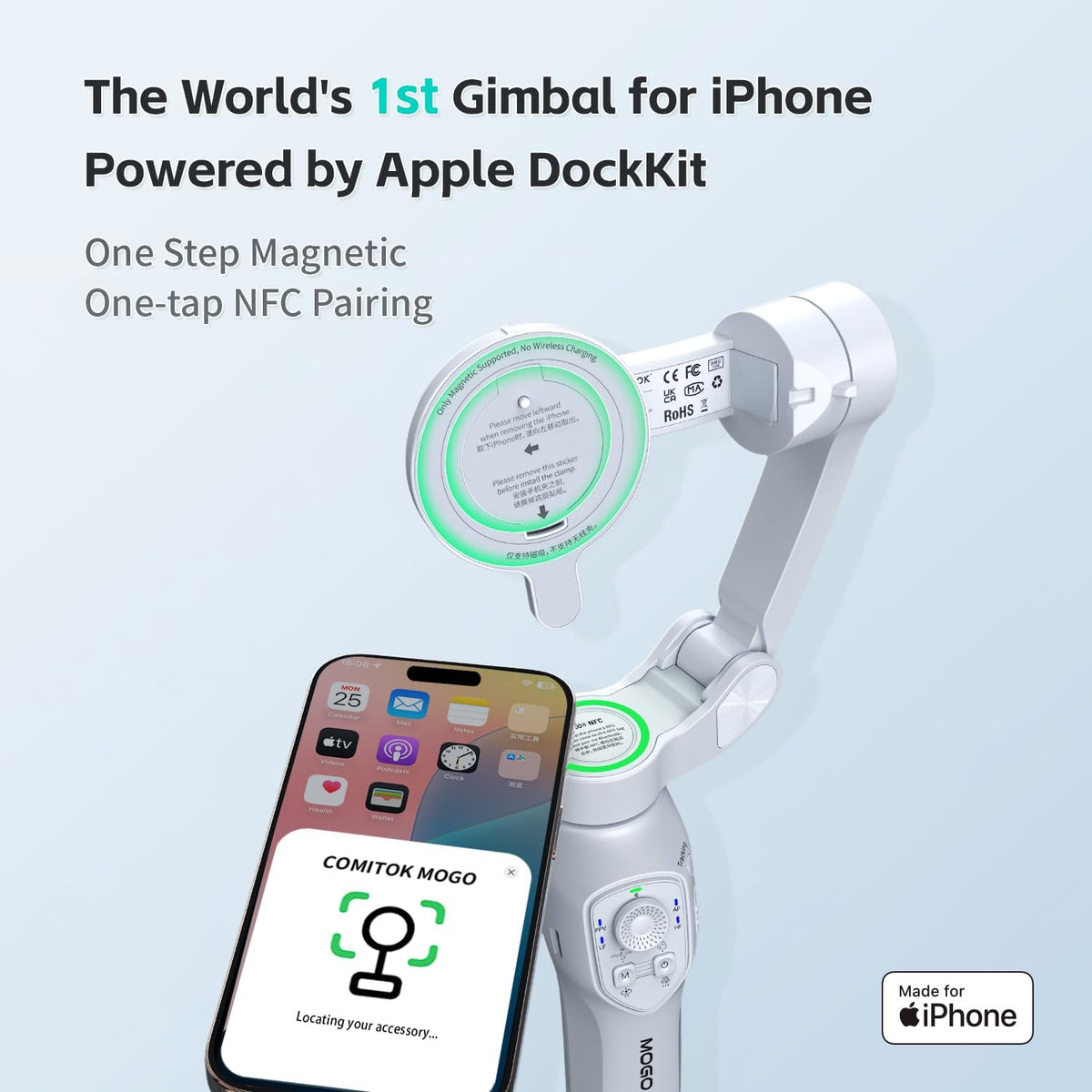 MOGO Only for iPhone, Gimbal Stabilizer for iPhone, [Apple MFi Certified] Cell Phone Gimbal Stabilizer with 360 Degree Tracking for Video Recording, NFC Pair and Magnetic for iPhone 16 Pro Max