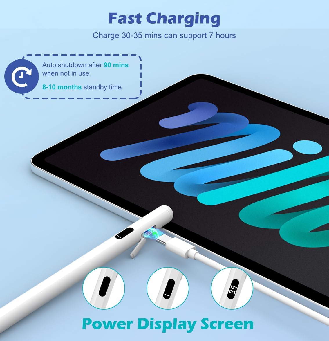 MoKo Stylus Pens for Touch Screens, Fast Charge Stylus Pen for Apple iPad/iPhone/Samsung/Lenovo/iOS/Android Tablets&Smart Phone Universal Stylus Capacitive Screen Pencil with Power Display, White
