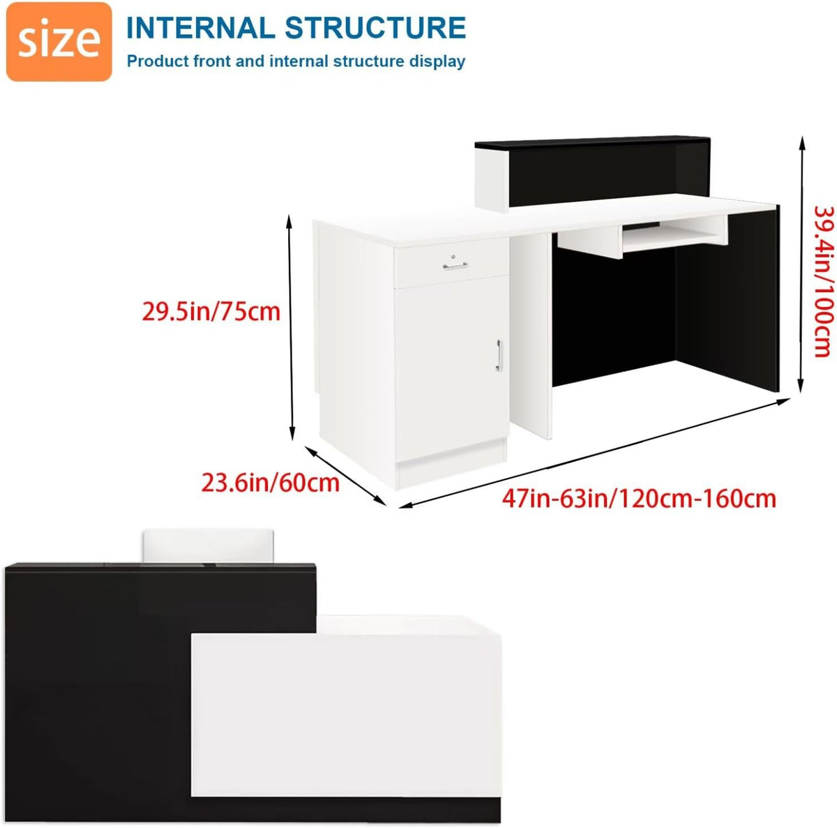 Reception Desk with Counter Modern Checkout Counter with Lockable Drawer Keyboard Tray Receptionist Desk for Office Salon Reception Table C Right 47inch/120cm