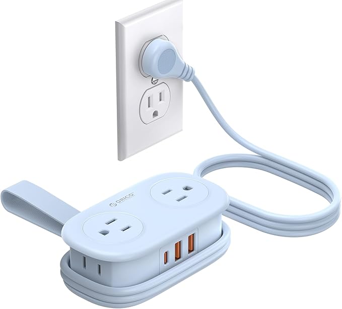 ORICO Blue Travel Power Strip PD20W with 4 AC Outlets 3 USB Ports (1 USB-C), 4FT Flat Plug Extension Cord, Compact Portable Design for Business Travel, Cruise Ship Essentials-AP3
