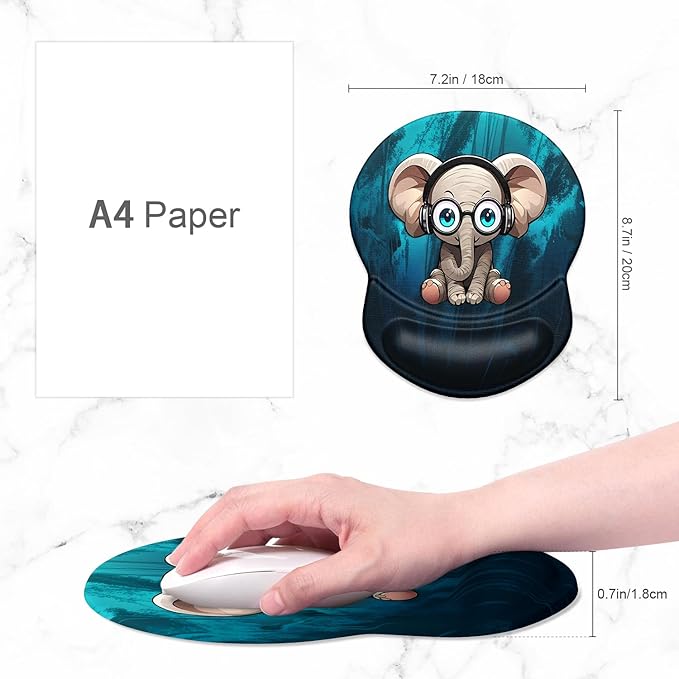 ITNRSIIET Ergonomic Mouse Pad with Gel Wrist Support Small Wrist Rest Smooth Surface Non-Slip PU Base Comfortable Office Supplies Pain Relief, 8.7 x 7.2 inches, Pretty Elephant