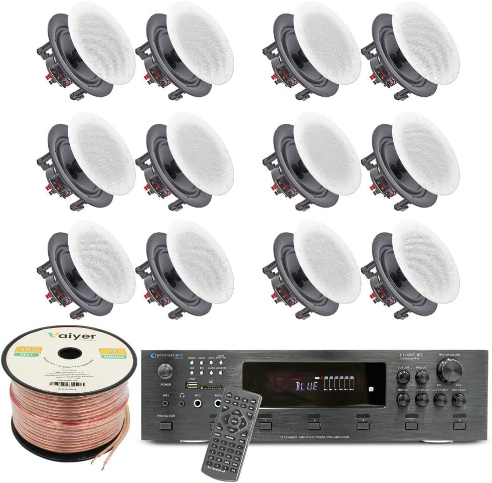 Vaiyer Home Theater System Kit, 6-Channel 6000 Watts Bluetooth Amplifier with 5.25" 12 Qty of 175 W Each in-Wall in-Ceiling Frameless Speakers & 16 Gauge 500 ft Speaker Wire Surround Sound System