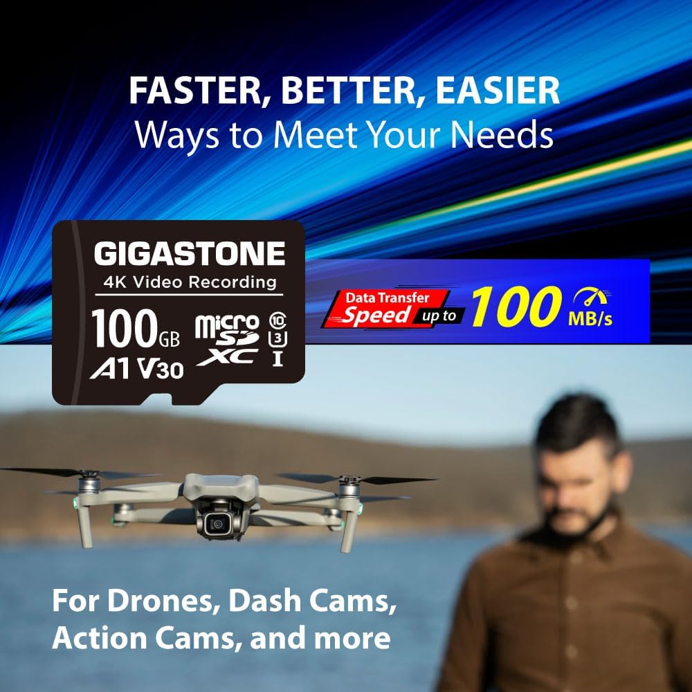 Gigastone 100GB A1 V30 4K 100MB/s Micro SD Card, Video Recording, Compatible with Security Camera, Dash Cam, Drone