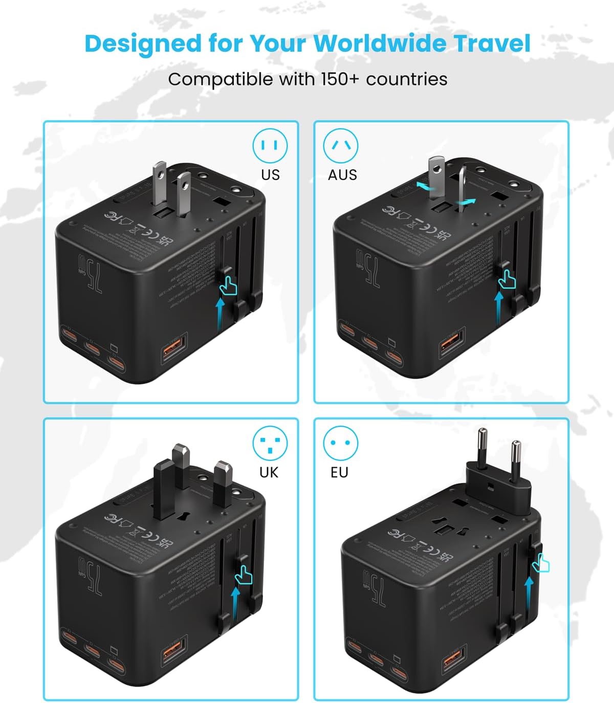Universal Travel Adapter, VINTAR 75W GaN International Power Adapter with 3 USB C PD and 2 USB A QC, All in One Travel Essentials for UK/EU/USA/AUS, Travel Adapter Worldwide for Laptops Phones, Black