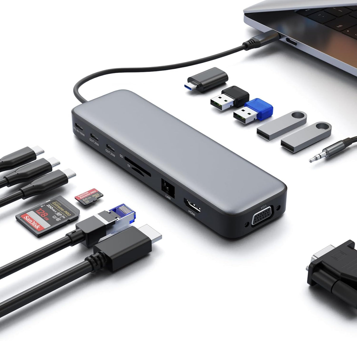 USB C Hub Laptop Docking Station Dual Monitor,14 in 1 Multiport Adapter with 4K HDMI,VGA,8 USB C/A Ports,100W PD Fast Charging,Audio&Mic,SD&TF,USBC Dongle for MacBook/Dell/HP/Lenovo ThinkPad/Surface