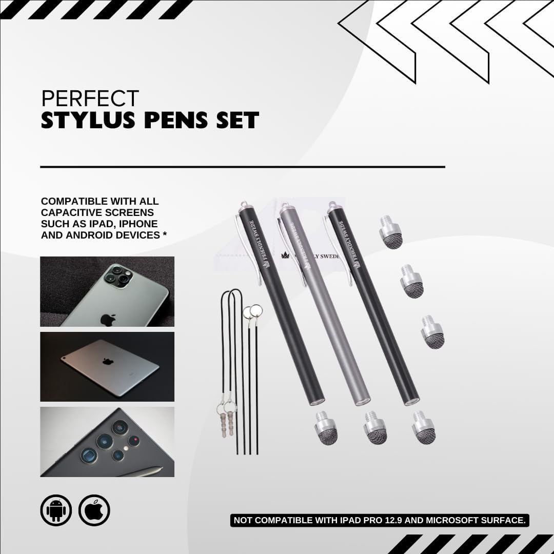 The Friendly Swede Mesh Tip Stylus Pen for Touchscreen — 3-Pack Micro-Knit Capacitive Stylus Pen for iPad & iPhone with 3 Replaceable Fiber Tips, Elastic Lanyards & Screen Cleaning Cloth