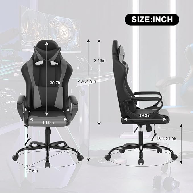 Dkeli PC Gaming Chair Office Chair Racing Desk Chair with Lumbar Support Arms Headrest Massage High Back PU Leather Ergonomic Computer Chair Rolling Adjustable Swivel Chair for Women Men Adult Grey