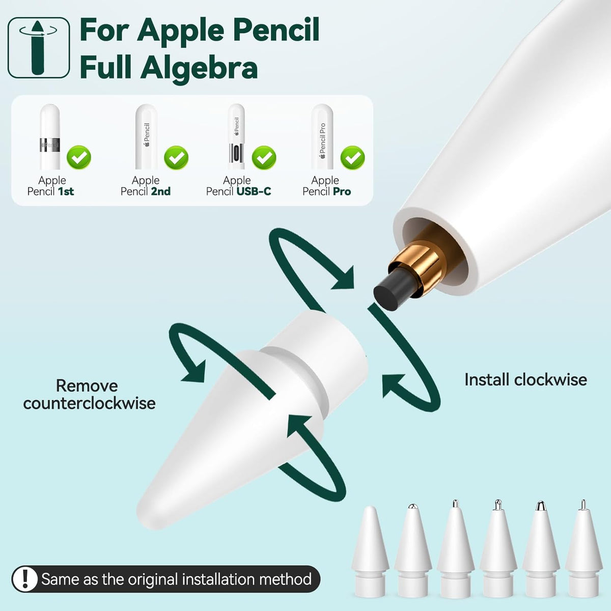 Inesore 6 Styles Replacement Tips for Apple Pencil Pro,Multiple Options Metal Durable Nibs Accessories for Apple Pencil Pro/2nd Generation/1st Gen/USB-C (6 Pack)