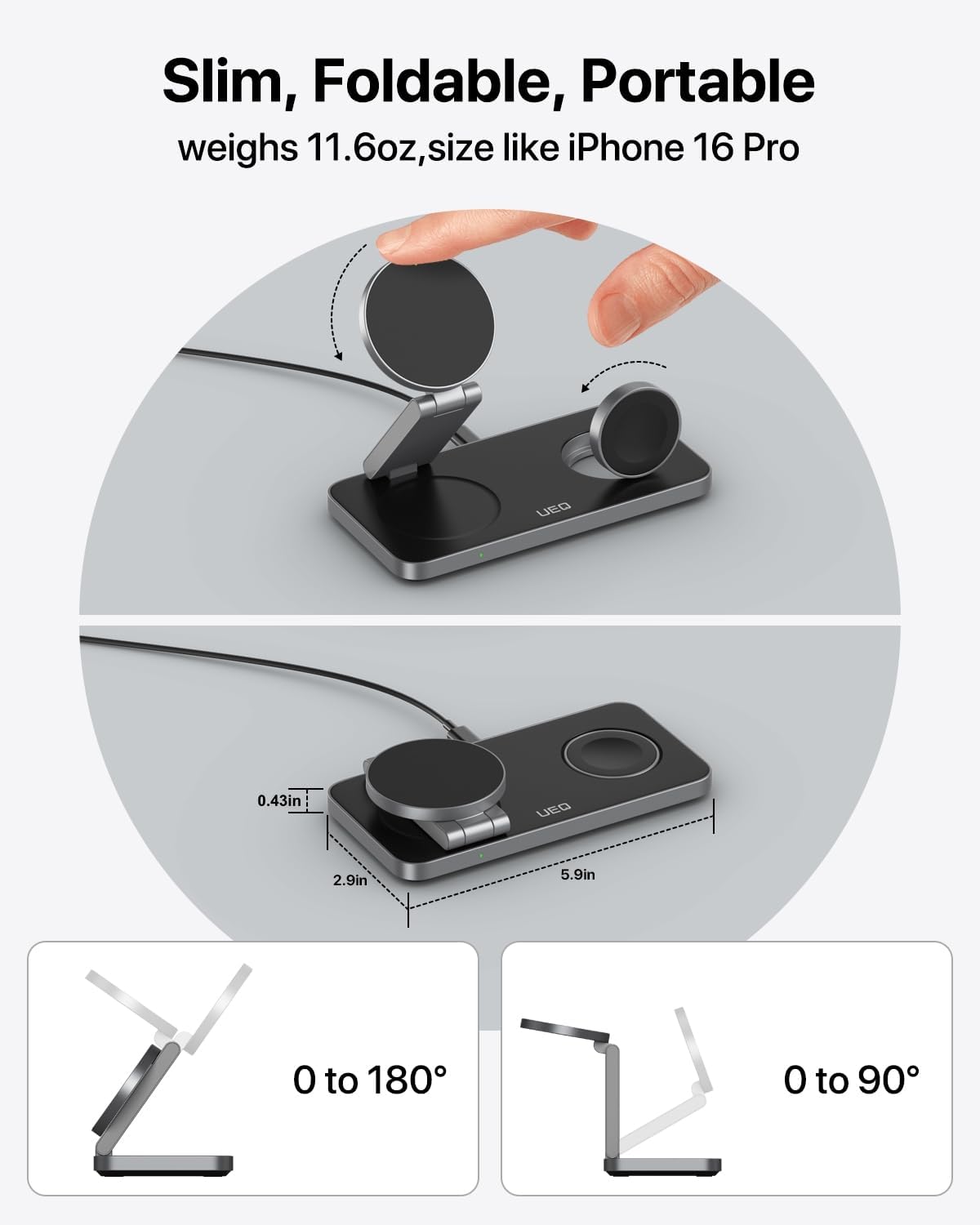 Foldable 3 in 1 Wireless Charging Station for Apple Compatible with Magsafe Charger Stand,Magnetic Wireless Charger Station for iPhone 15 14 13 12 Series,Airpods Pro,Apple Watch Ultra (Pure Black)