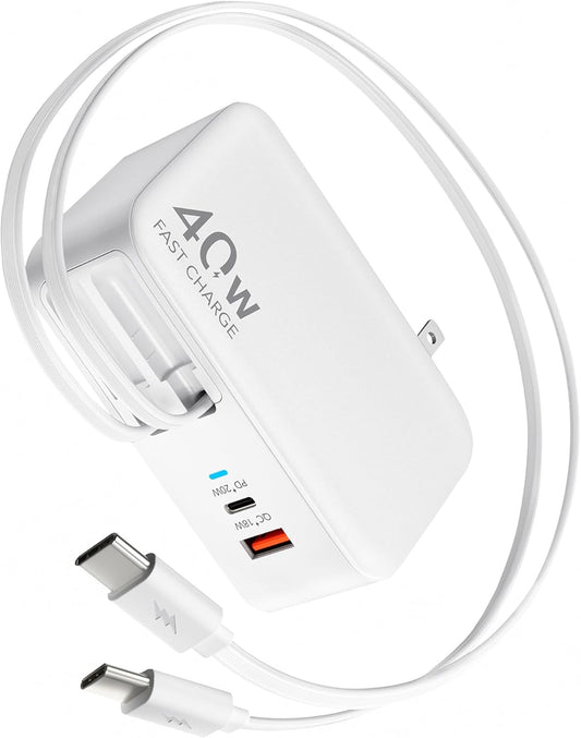 Retractable USB C Charger Wall Plug with Dual 35.5in/90cm Type C Cables Cords,40W Fast Charging Foldable Block Multi Charger for All Devices for iPhone 16/15/14/13/12/11,iPad,Galaxy,Pixel