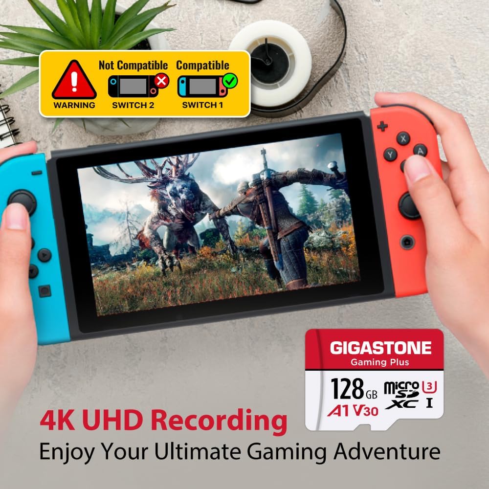 [Gigastone] 128GB Micro SD Card, Gaming Plus, MicroSDXC Memory Card for Nintendo-Switch 1, Wyze, GoPro, Dash Cam, Security Camera, 4K Video Recording, UHS-I A1 U3 V30 C10, up to 100MB/s, with Adapter