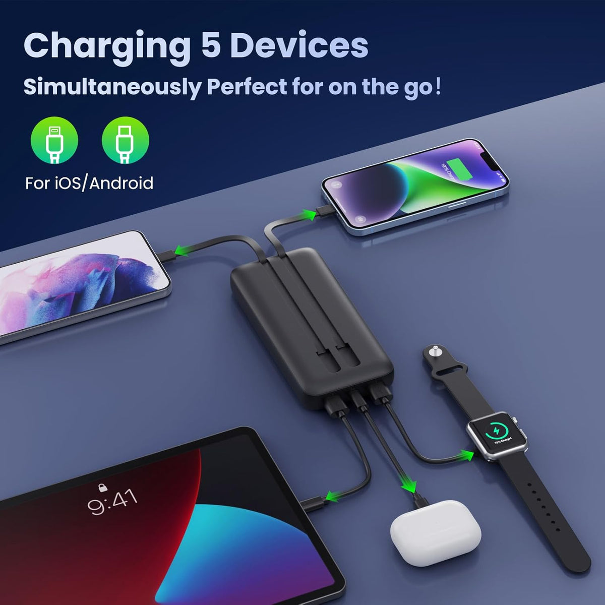 Portable Charger PowerBank 40,800mAh with 2 Built-in Cables,25W PD Fast Charging +QC 4.0 Quick Phone Charging Power Bank, 5 Outputs LCD Display USB C Battery Pack for iPhone 16/15 Android Galaxy etc